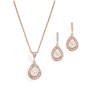 Mariell Rose Gold Pearl Necklace Drop Earrings Wedding Set Brides Bridesmaids